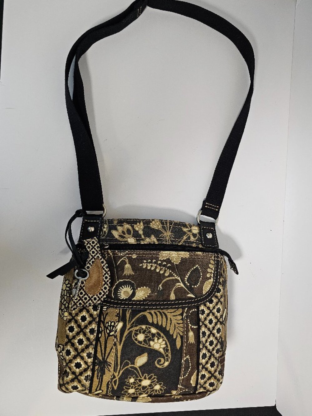 Fossil Bag Crossbody Brown Floral Canvas Patchwork Charm Key